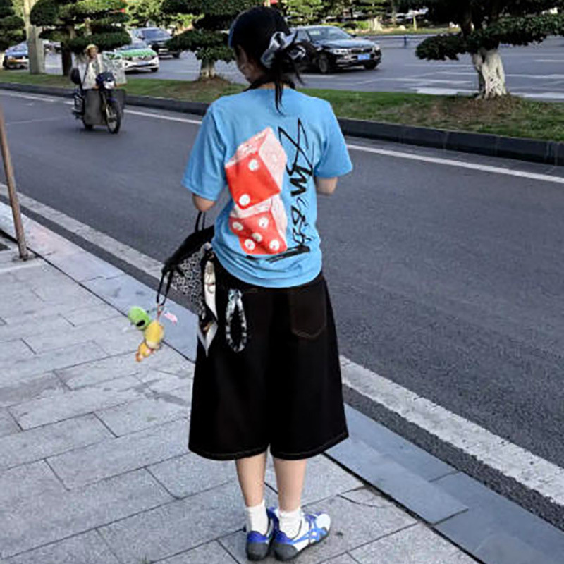 Cross-Border American High Street Fashion Dice Shark Short-Sleeve T-Shirt for Men and Women, Summer Loose Casual Versatile Round Neck Stu West