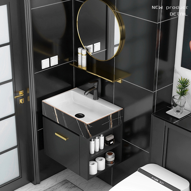 Mueble de baño de madera maciza pequeño apartamento Lado de almacenamiento combinación de gabinete lavabo baño integrado cerámica lavabo