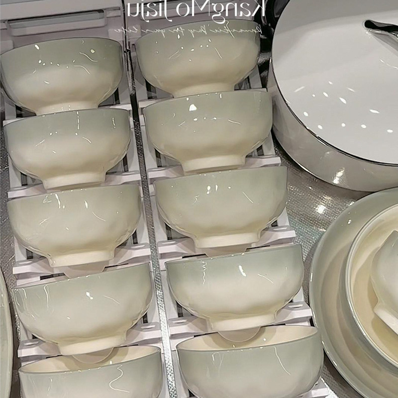Dinnerware Set for Home Use, High-End Gradient Green Ceramic Tableware, Underglaze Color, Thickened Edge Design, Bowls and Plates, Housewarming Gift Dinnerware Set for Home Use, High-End Gradient Green Ceramic Tableware, Underglaze Color, Thickened Edge Design, Bowls and Plates, Housewarming Gift