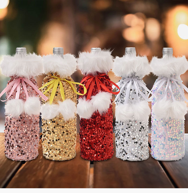 Cross-border New Arrival Christmas Decorations European And American Sequins Bottle Cover Plush Drawstring Wine Gift Box Hotel Dining Table Dress Up display picture 1
