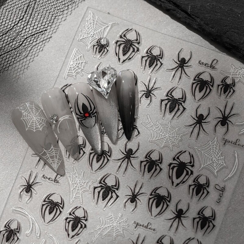 European and American Style Sweet Cool Dark Spider White Silk Mesh Nail Jewelry Vintage Hollow Relief Nail Back Adhesive Sticker Decoration