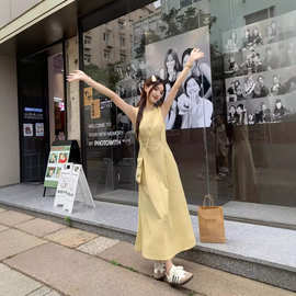 【隐形拉链＋小背包】清纯温柔黄色连衣裙女夏圆领收腰显瘦a字背