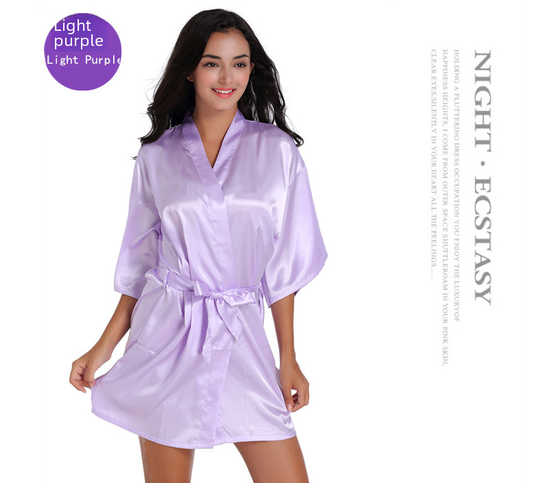 Cross-border Women's Twisted Sade Nightgown Bathrobe Solid Color Glossy Summer Thin Sexy Short Cardigan Gown_voghion.com