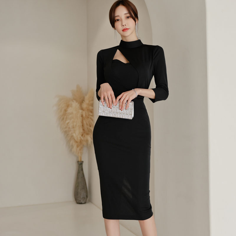 Spring And Autumn Korean-Style Fashion Elegant Slim Versatile Stand-Collar Simple Basic Dress_ecoleips.com