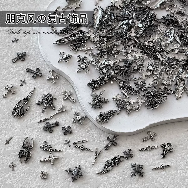 Retro Gothic Series Alloy Nail Art Accessories Dark Style Rose Punk Rivet Cross Nail Decorations Wholesale