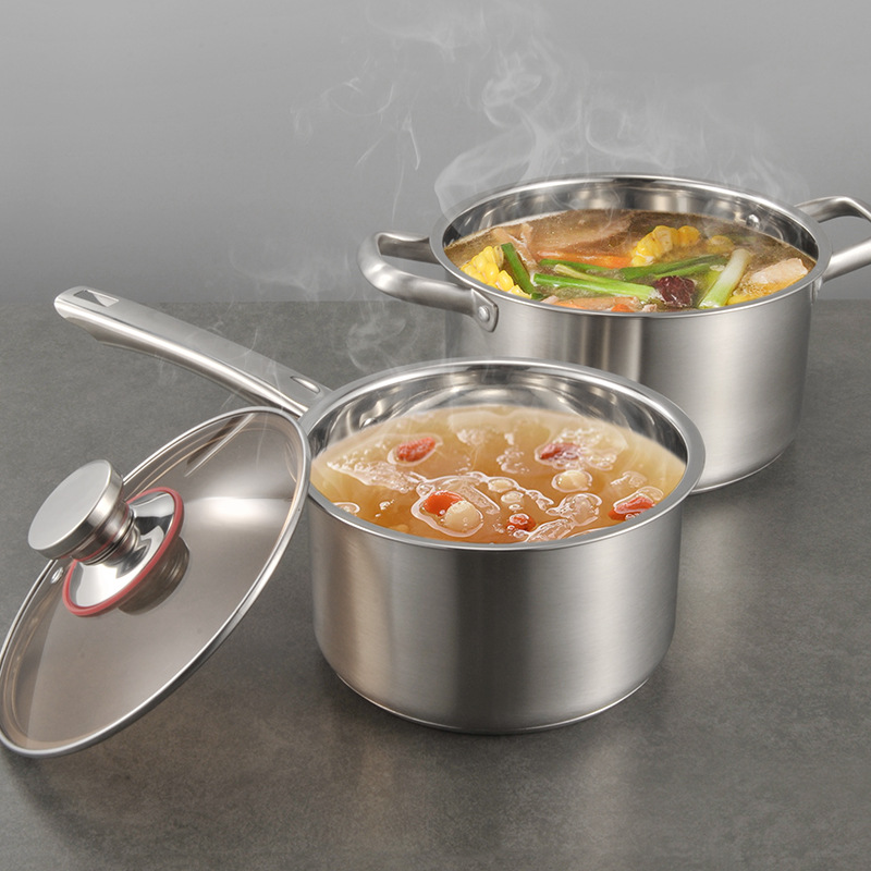 Olla de Sopa de Acero Inoxidable al por Mayor, Olla para Fideos Instantáneos con Doble Asa, Olla para Comida de Bebé, Olla de Gran Capacidad para el Hogar, Olla para Leche Gruesa para Regalo