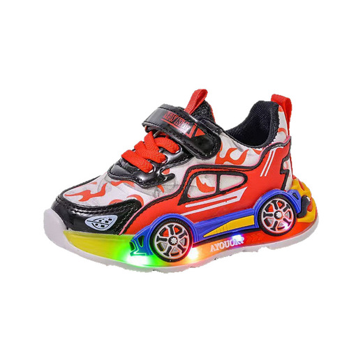 2025 Spring and Autumn New Medium and Small Boys' Leather Surface Cartoon Children's Sports Shoes with Light-Up Features for Boys, Ages 1-12