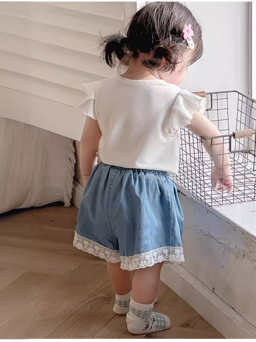 Traje de verano para niñas, traje de salida para bebé delgado, estilo de verano 2024, nuevo producto, camiseta sin mangas para bebé, pantalones cortos, traje de dos piezas