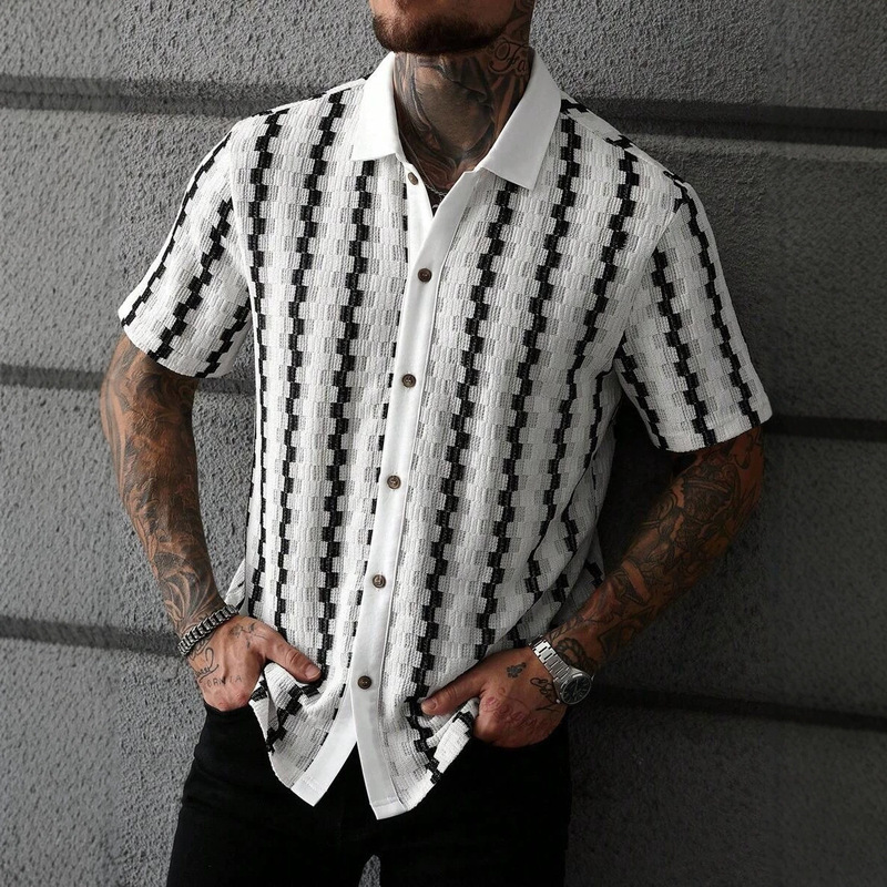 2026 New Cross-Border Men's Retro Checkered Knitted Short-Sleeved Shirt, Versatile Casual Top