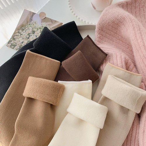 Cashmere snow socks for women mid-calf autumn and winter thick long vertical strips plus velvet confinement socks warm floor socks