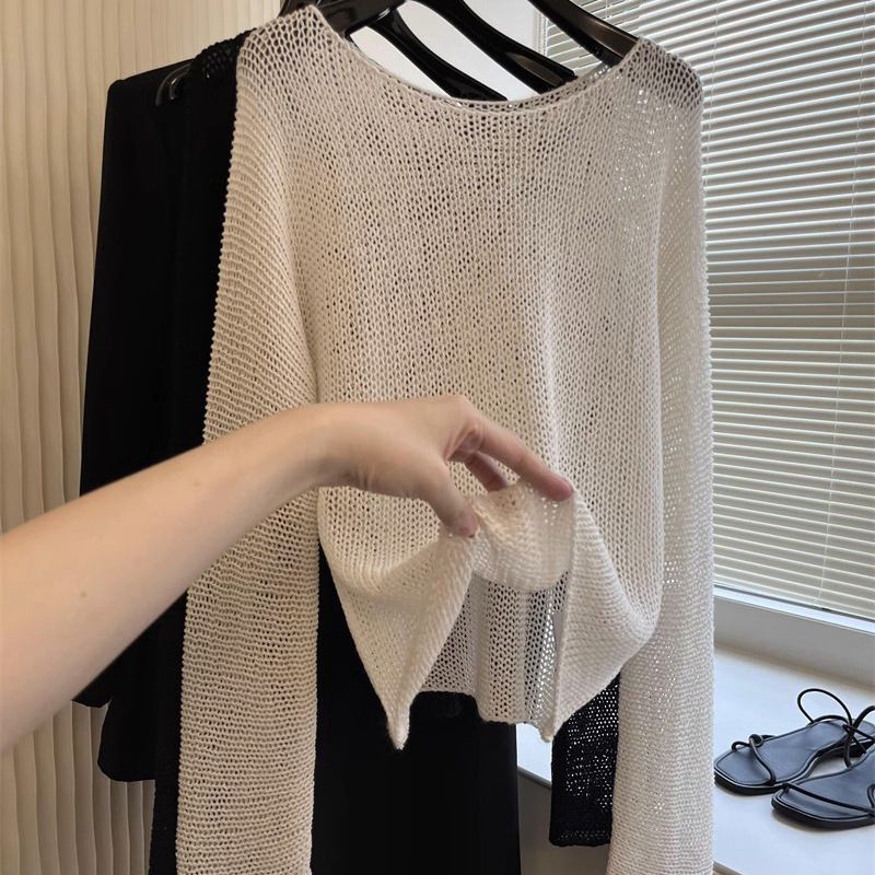 Lazy relaxed feeling natural coarse woven simple linen woven hollow long sleeve small short knitted blouse New
