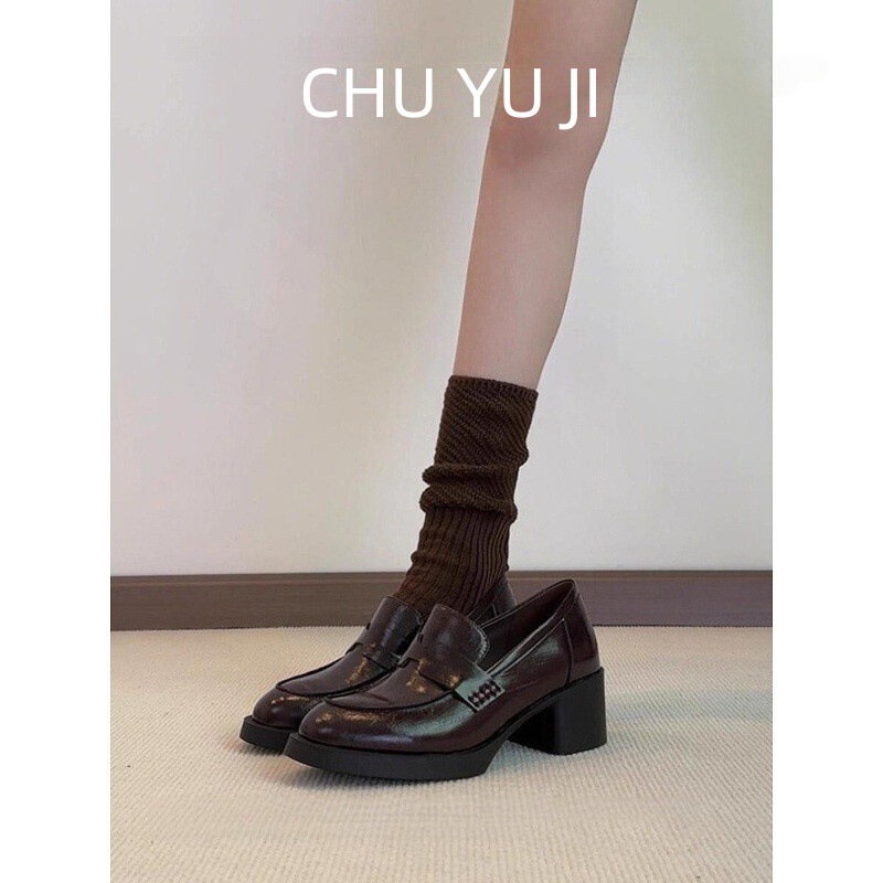 First Encounter with Vintage Round-Toe Loafers, High-Heeled Leather Shoes for Women, British Style Chunky Heel Slip-On Shoes for Women First Encounter with Vintage Round-Toe Loafers, High-Heeled Leather Shoes for Women, British Style Chunky Heel Slip-On Shoes for Women