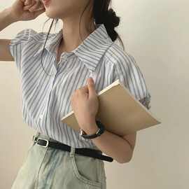 韩国chi泡芙袖条纹蓝色衬衫短袖衬衣新设计感小众上衣