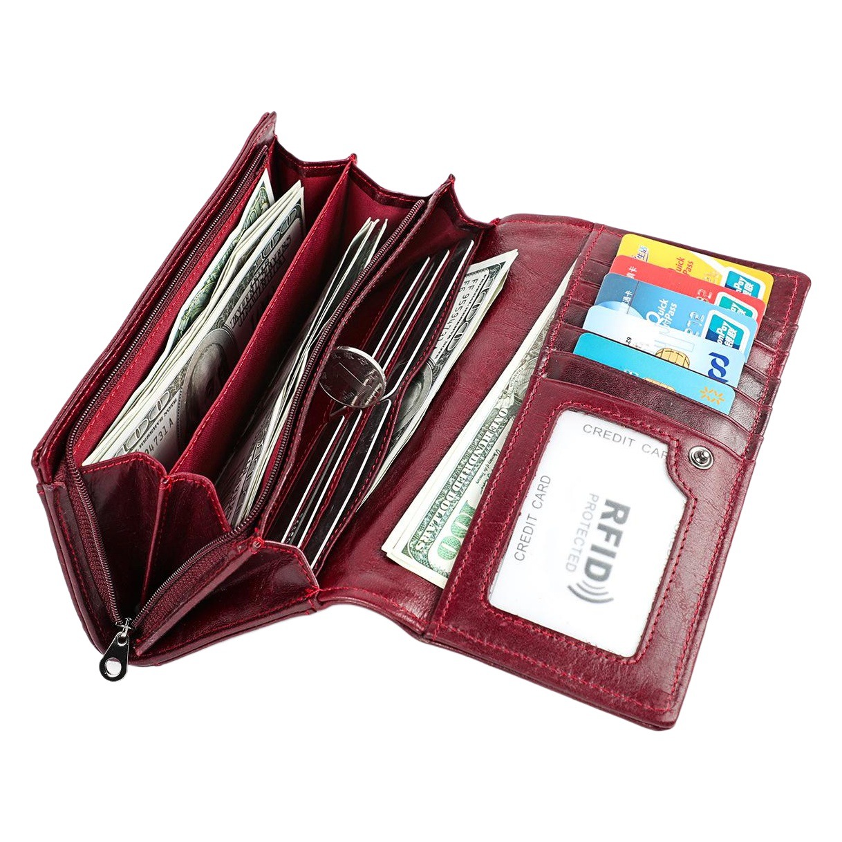 Comercio exterior de la fábrica nueva RFID larga billetera cuero genuino las mujeres casual retro primera capa del zurriago embrague