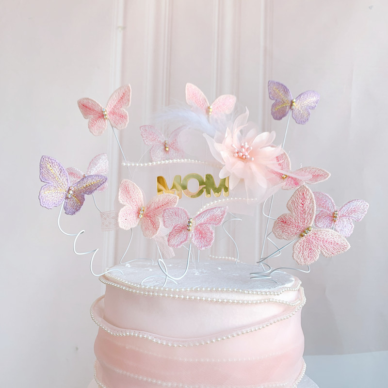 Creative pearl ribbon embroidery butterfly and Huaya cake decorative…