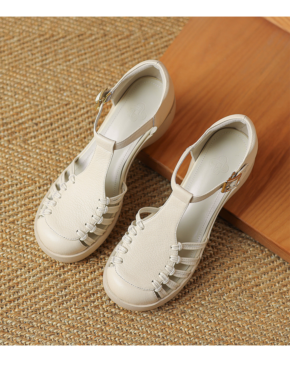 Sandal nữ da cừu mũi bao đế dày quai ngang một chữ kiểu La Mã — đen chi tiết 21