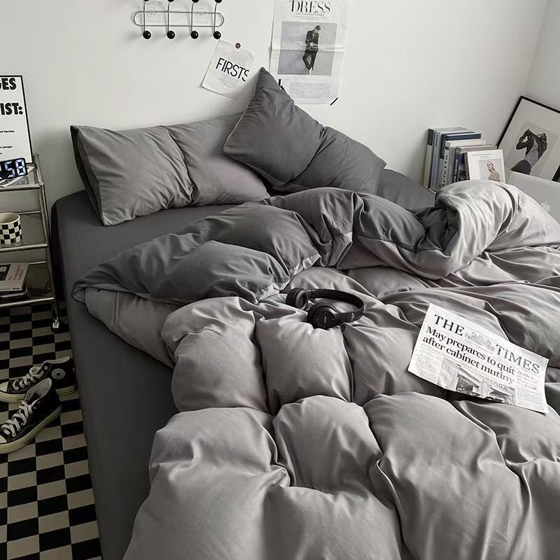 Minimalist Grey Solid Colour Cotton Bedding Set With Duvet Cover_voghion.com