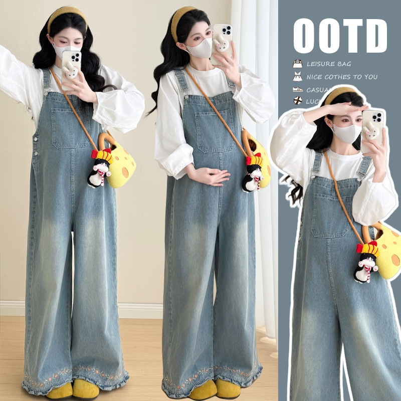 2026 Spring Maternity Wear Simple Casual Two-Piece Set New Long-Sleeved Shirt Washed Blue Loose Maternity Overalls 2026 Spring Maternity Wear Simple Casual Two-Piece Set New Long-Sleeved Shirt Washed Blue Loose Maternity Overalls