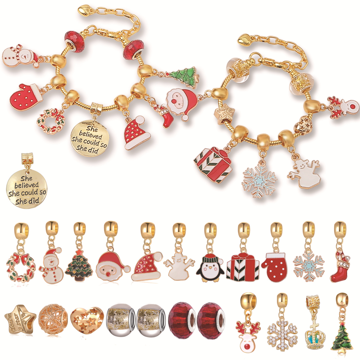 Gold Christmas Countdown Calendar Gift Box Set DIY Beaded Jewelry Advent Christmas Tree Bracelet Gift_voghion.com