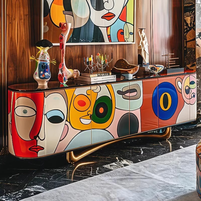 Original Design Tv Cabinet Living Room Home High-End Audio-Visual Cabinet Light Luxury Style Pop Art Painted Solid Wood Floor Cabinet