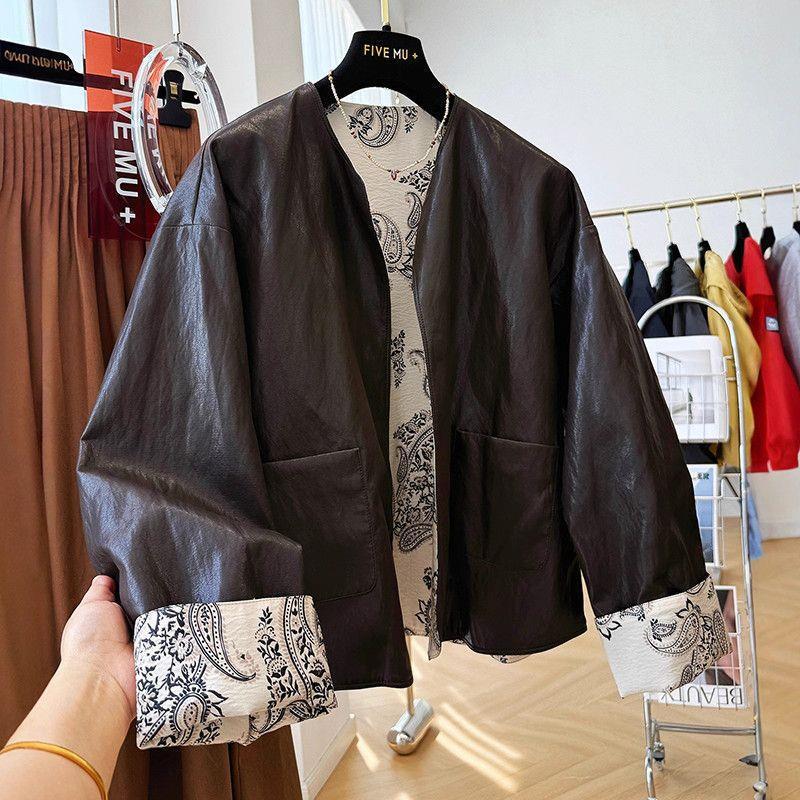 Chinese Style Printed Reversible Leather Jacket Autum New High-End Round Neck Pu Leather Jacket Loose Casual Top