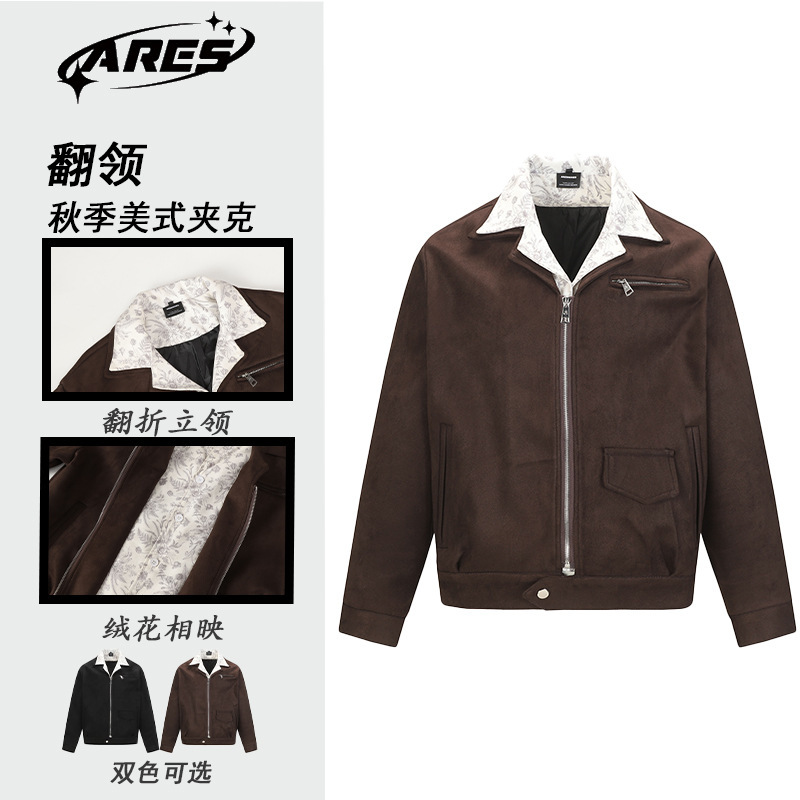 ARESWINGS美式复古秋季新款假两件鹿皮绒夹克男花卉翻领情侣外套|undefined