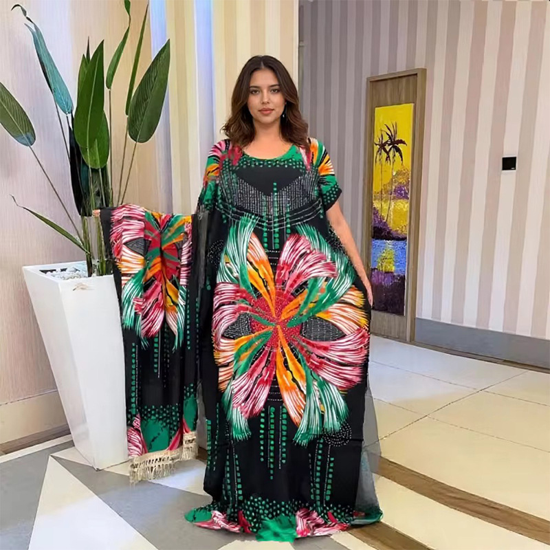 Cross-Border Export 2025 New Large Size African Round Neck Tassel Headscarf Rayon Printed Colorful Dress Robe