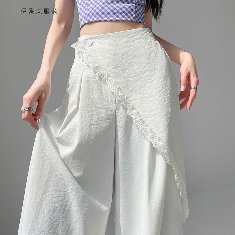 凉感两片式蕾丝西装阔腿裤女冰丝高腰设计感气质休闲西装拖地