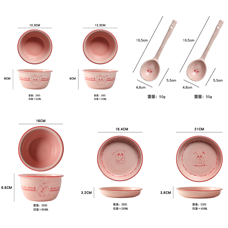 (Cute Bear7-piece Set)Household Cute Cute Pet Pink Girl Internet Celebrity Ceramic Tableware Combination Set