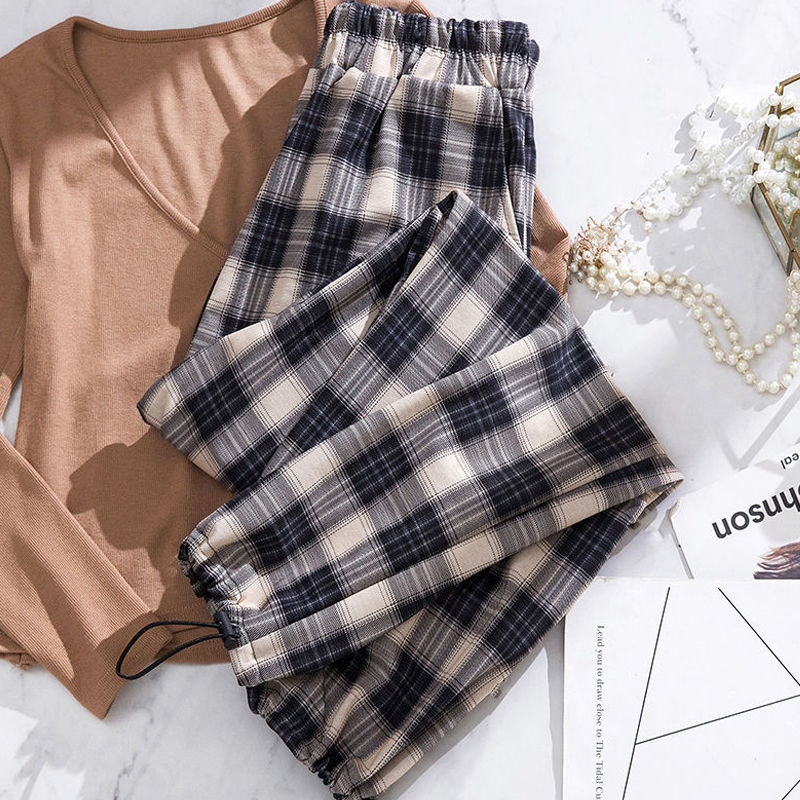 Summer Ice Silk Thin Section Plaid Wide-leg Pants Women's Korean Version All-match Trend Loose And Thin Straight Harem Casual Pants