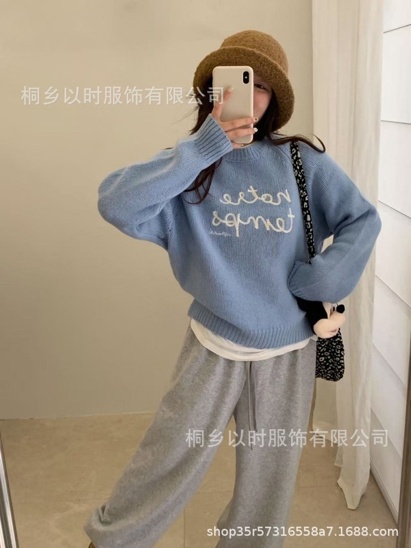 以时 25秋冬季新款韩系少女风刺绣字母毛衣百搭圆领羊毛针织衫 女|undefined