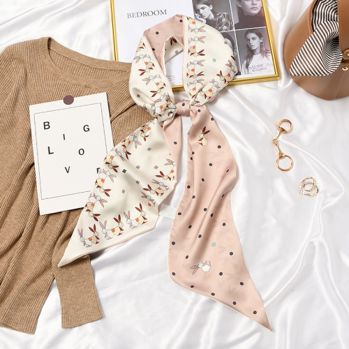 Retro French small silk scarf for women in spring and autumn, versatile small long hair band to bind hair, ribbon to tie hair, floating scarf