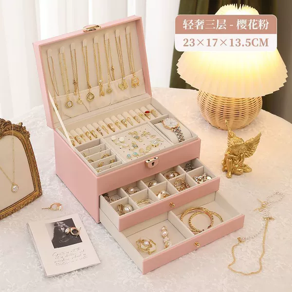 ※※【Lockable drawer type】Pink 3-layer leather jewelry box※※