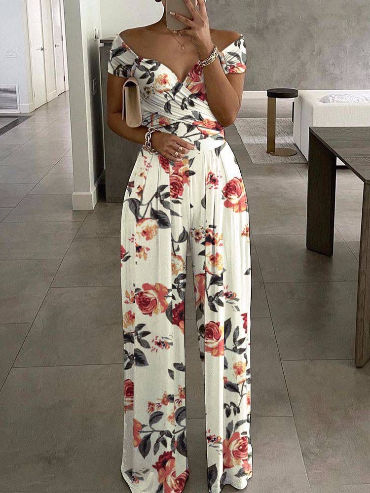 short sleeve one-word neck printed wide leg jumpsuit NSZCQ126701