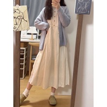 秋冬季森系甜美慵懒风毛衣开衫毛衣女学生+镂空中长连衣裙两件套