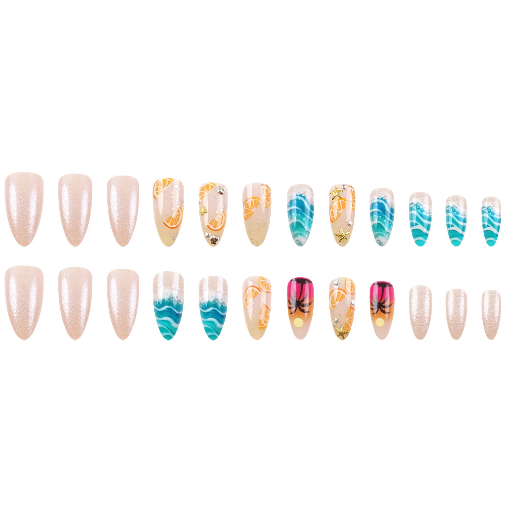 Transfronterizos tridimensionales conchas de diamante de uñas de vacaciones de verano, 24 piezas de uñas falsas calientes mezcladas