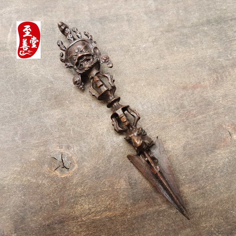 古玩收藏老包浆仿古合金铜客厅装饰摆件马头明王金刚杵2*14CM