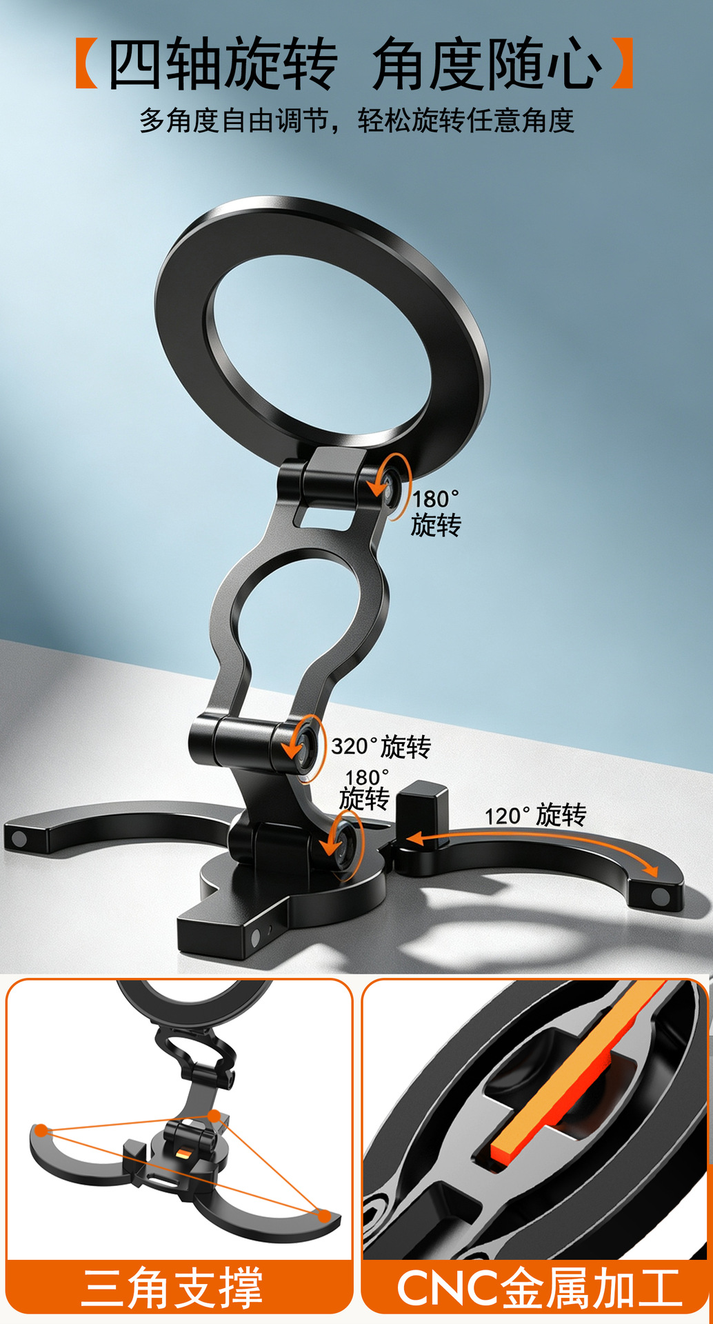 New Car Navigation Folding Bracket Magsafe Magnetic Multifunctional 360-Degree Rotating Innovative Three-Axis Phone Holder