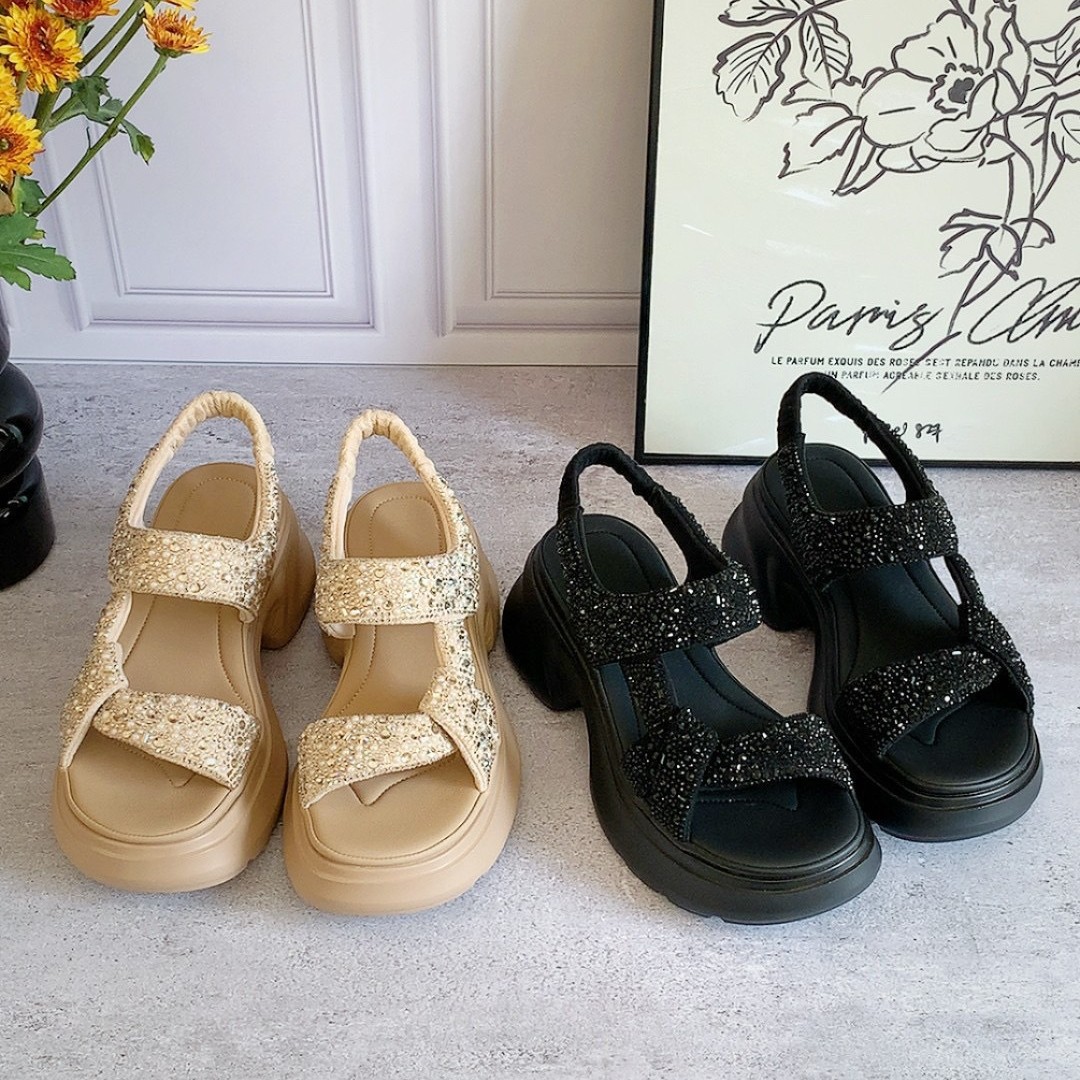 Dép sandal thể thao nữ đế dày tăng chiều cao phong cách Pháp — Màu đen, vàng