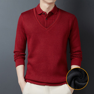 Autumn and winter red birth year plus velvet padded fake two-piece sweater men's middle-aged dad knitted base shirt tide
