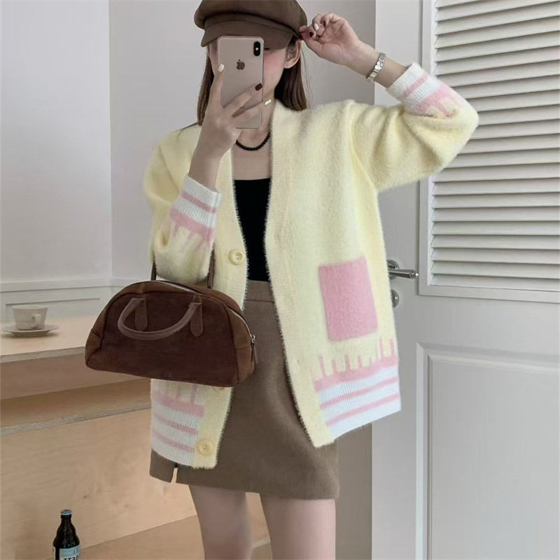 Imitation Mink Velvet Contrasting Color Lazy Style Sweater for Women 2025 Autumn and Winter New Korean Style Loose Knitted Cardigan Top Jacket