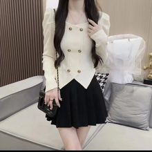 2025春秋季新款韩系甜美纯欲小香风双排扣长袖修身针织打底衫上衣