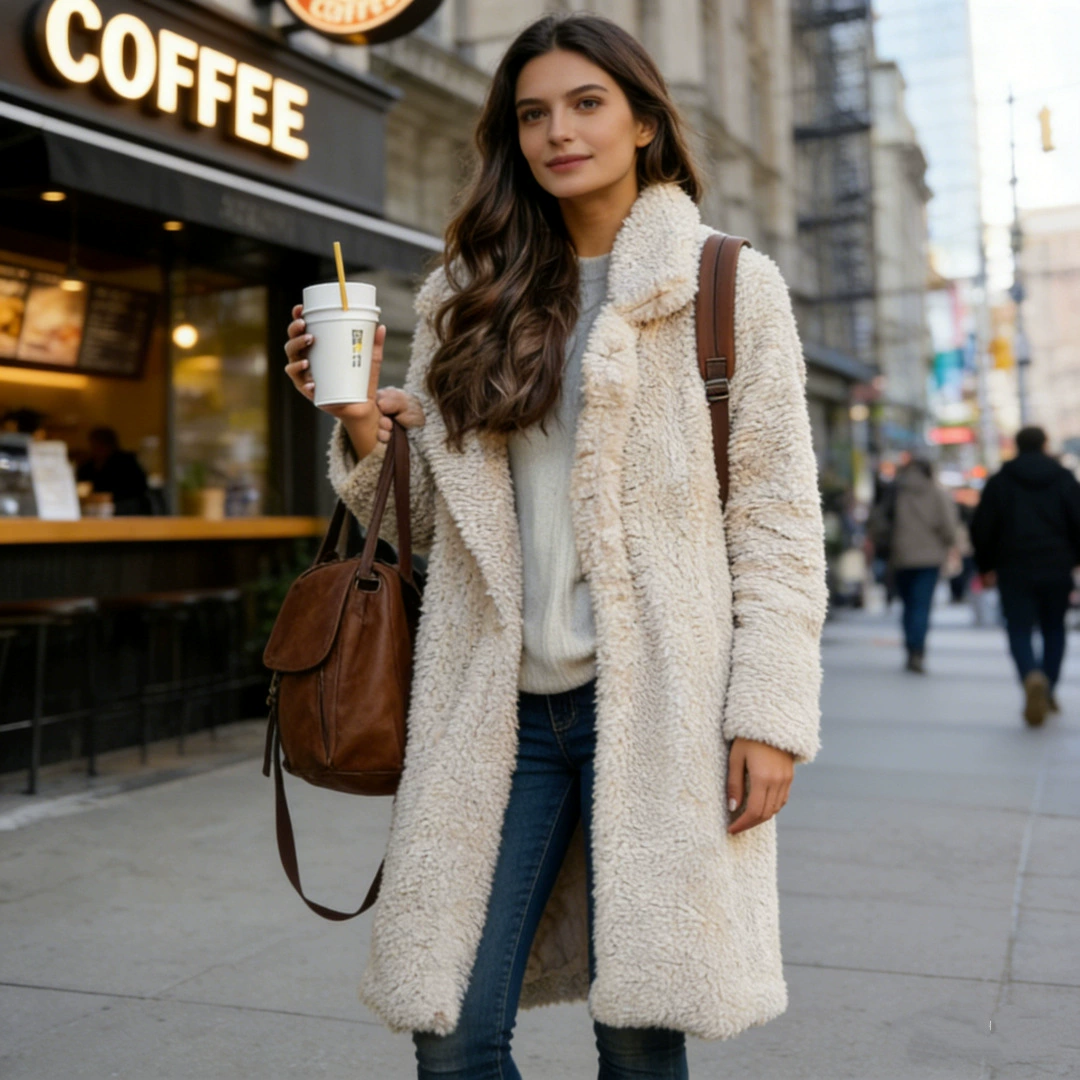 Новая осенне-зимняя женская длинная куртка с отложным воротником, плюшевое пальто, длинное пальто из овечьей шерсти, двусторонний флис.