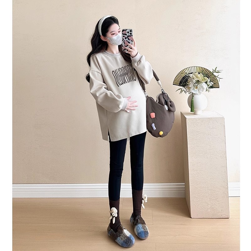 2025년 신상품 임산부복 화이트 그레이 스웨터 봄 가을 투피스 슈트 패셔너블 대형 쁘띠트 상의