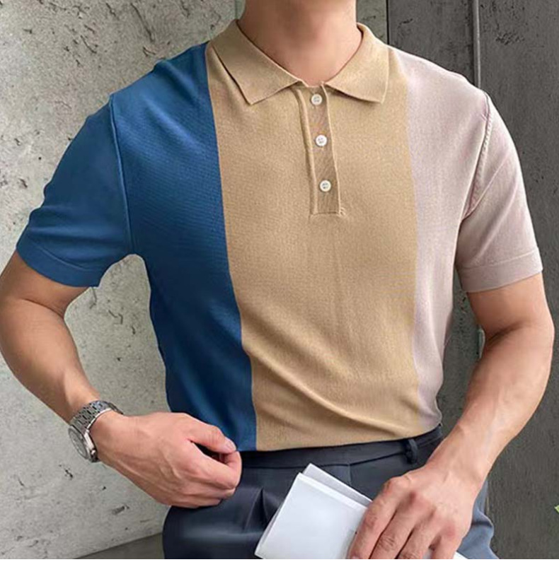 2024 New Men's Summer Contrast Spliced Men's Knitwear Short Sleeved Business Polo Shirt_voghion.com