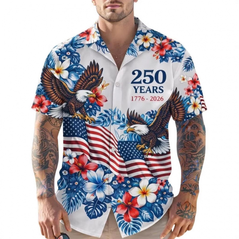 Foreign Trade American 250Th Anniversary Commemorative Hawaiian Shirt with Flag Print, Vintage Casual Short-Sleeve Collared Top