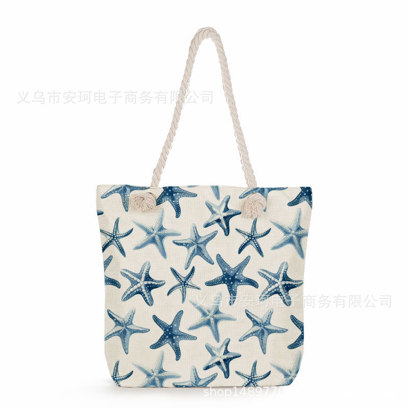Cross-Border Starfish and Turtle Print Tote Bag, Beach Thick Rope Shoulder Bag, Retro Marine Life Women's Handbag