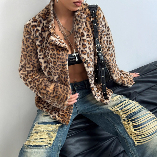 -53658#Women's clothing European and American INS new style buckle lapel thick leopard coat