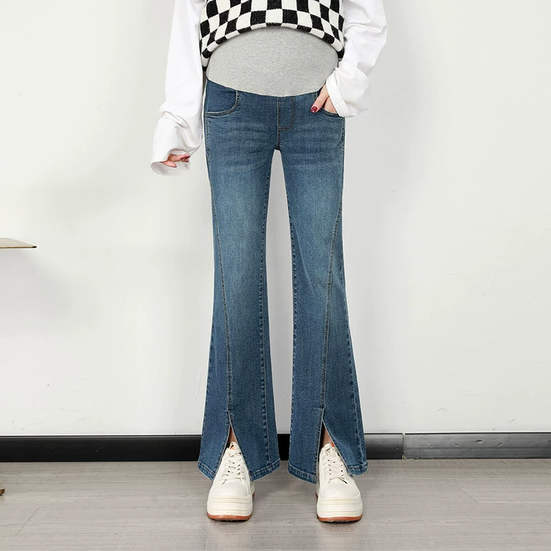 Высококачественные джинсы для беременных, брюки с разрезом и Рогом, весна, осень и зима, большие размеры, модная эластичная одежда для беременных