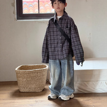 儿童格子长袖衬衫男童休闲衬衣慵懒风垂感春秋季韩版女童上衣外套